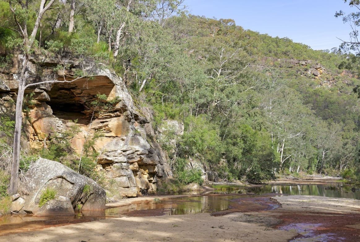Sandstone cave above a sandy bend in the creek